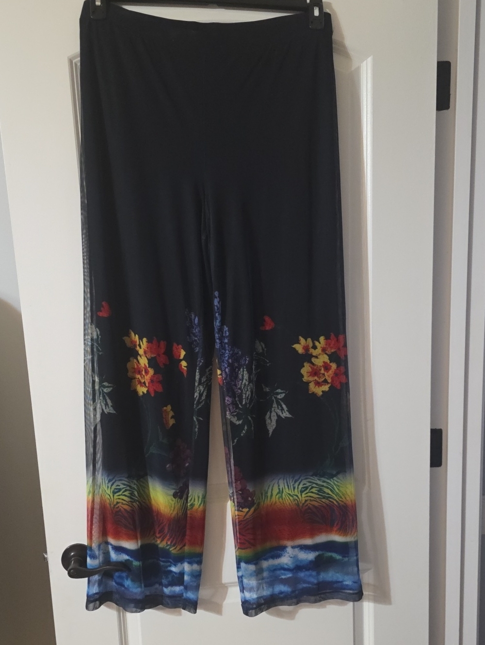 John Mark Black Wide-Leg Pants with Floral & Rainbow Hem